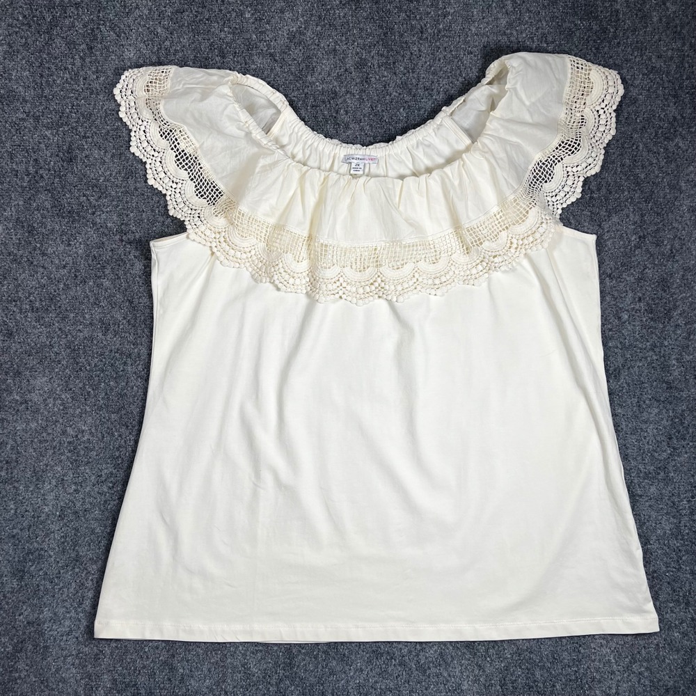 Isaac Mizrahi Live! Women 2X Cream Off Shoulder Ruffle Crochet Lace Trim Top